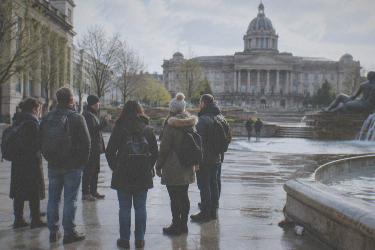 Walking tour group gathered on a Birmingham city centre street near the Council House and Victoria Square